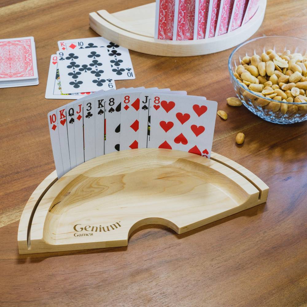 Two Single mapple wood card holders on table with snacks
