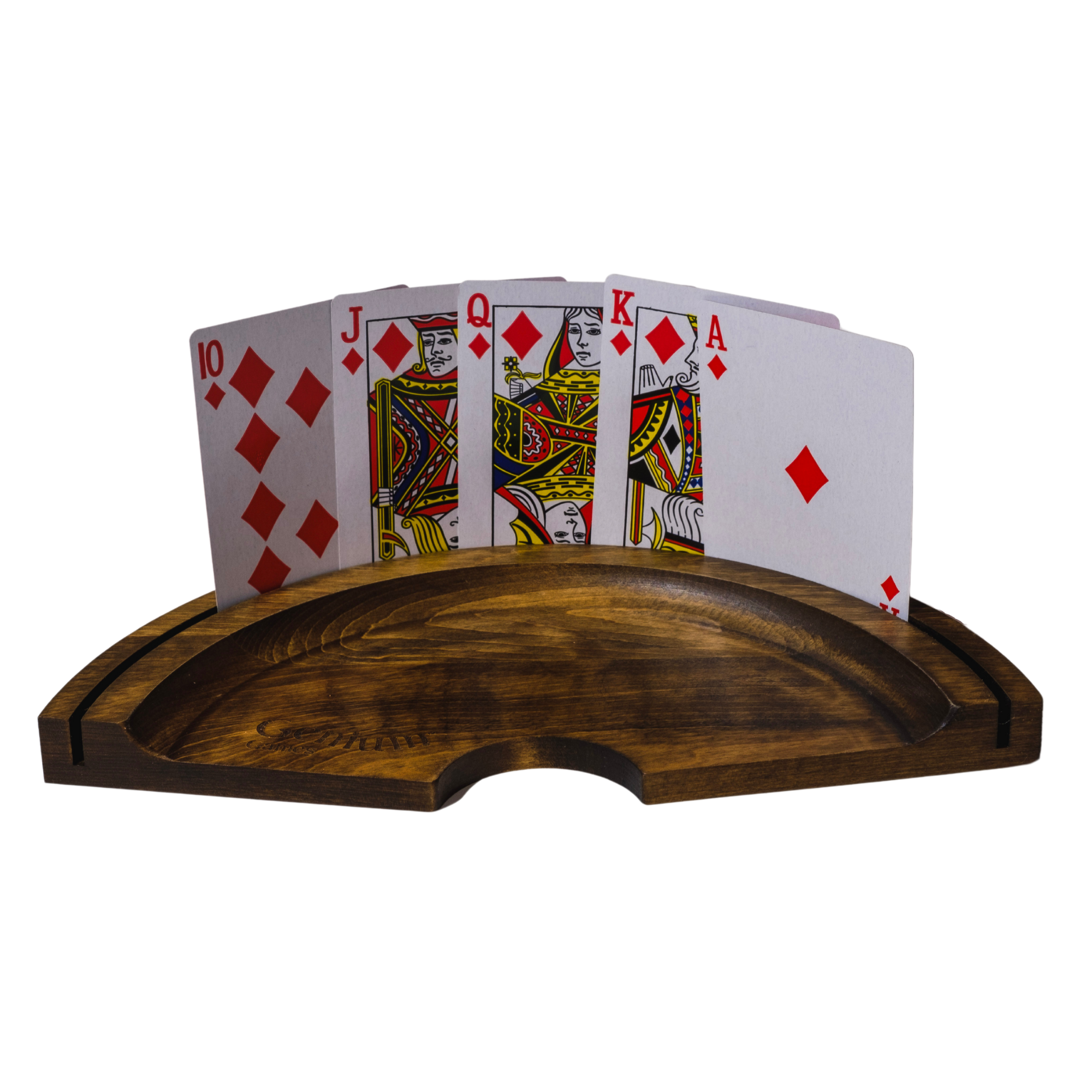 Single dark stained mapple wood card holders, holding cards