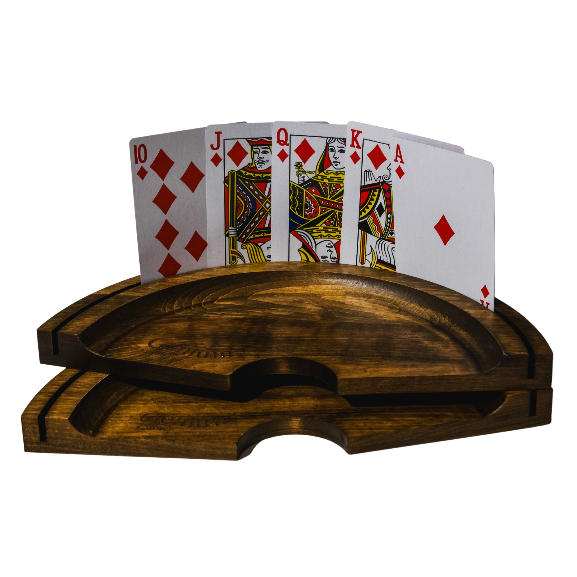 Pack of two dark stained mapple wood card holders, holding cards